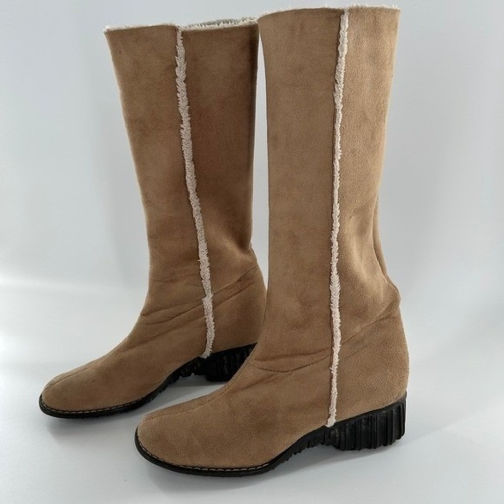 Anne Klein Women's Tan Suede Faux Fur‎ Lined Knee High Boots Wedge Heel